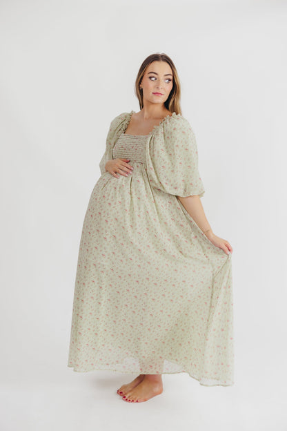 Melody geplooide maxi-jurk met strikdetail in mintgroen bloemen - schokbestendig en inclusief maten (S-3XL)