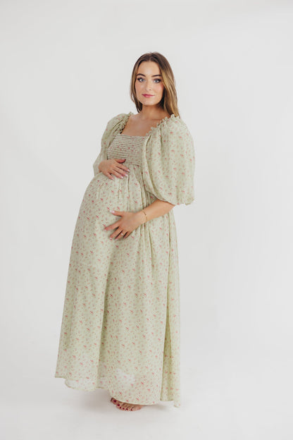 Melody geplooide maxi-jurk met strikdetail in mintgroen bloemen - schokbestendig en inclusief maten (S-3XL)