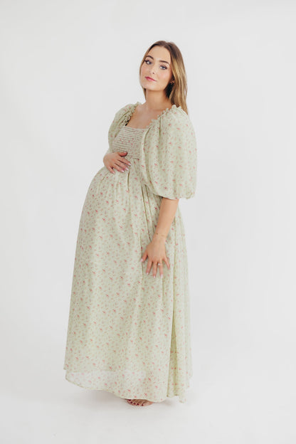 Melody geplooide maxi-jurk met strikdetail in mintgroen bloemen - schokbestendig en inclusief maten (S-3XL)