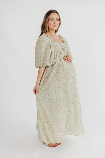 Melody geplooide maxi-jurk met strikdetail in mintgroen bloemen - schokbestendig en inclusief maten (S-3XL)