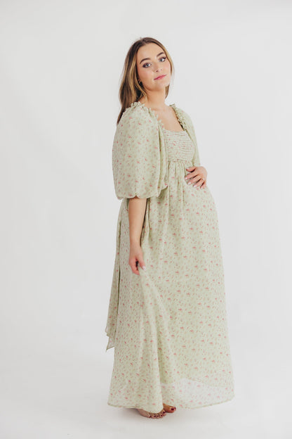 Melody geplooide maxi-jurk met strikdetail in mintgroen bloemen - schokbestendig en inclusief maten (S-3XL)