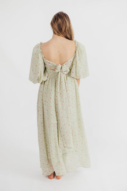 Melody geplooide maxi-jurk met strikdetail in mintgroen bloemen - schokbestendig en inclusief maten (S-3XL)