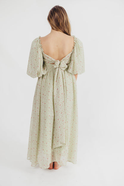 Melody geplooide maxi-jurk met strikdetail in mintgroen bloemen - schokbestendig en inclusief maten (S-3XL)