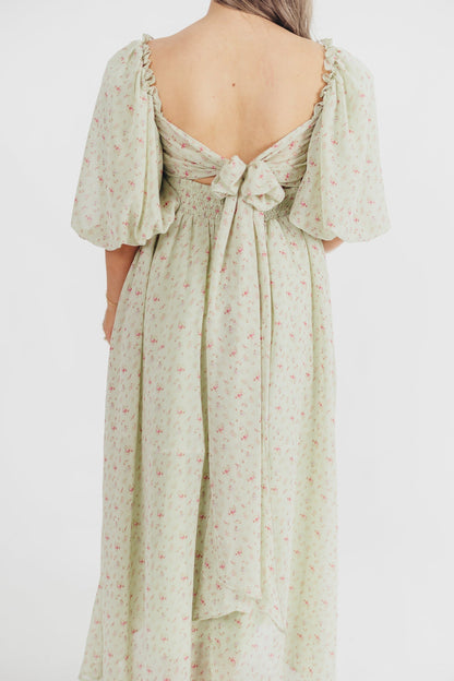 Melody geplooide maxi-jurk met strikdetail in mintgroen bloemen - schokbestendig en inclusief maten (S-3XL)