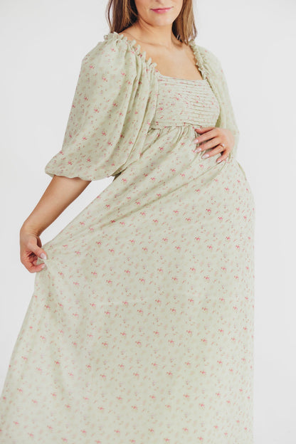Melody geplooide maxi-jurk met strikdetail in mintgroen bloemen - schokbestendig en inclusief maten (S-3XL)