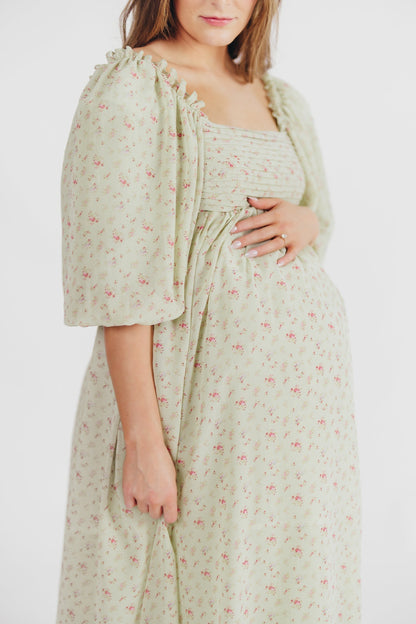 Melody geplooide maxi-jurk met strikdetail in mintgroen bloemen - schokbestendig en inclusief maten (S-3XL)