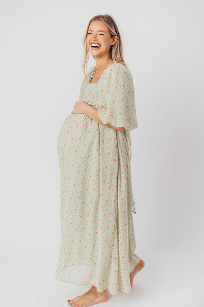 Melody geplooide maxi-jurk met strikdetail in mintgroen bloemen - schokbestendig en inclusief maten (S-3XL)