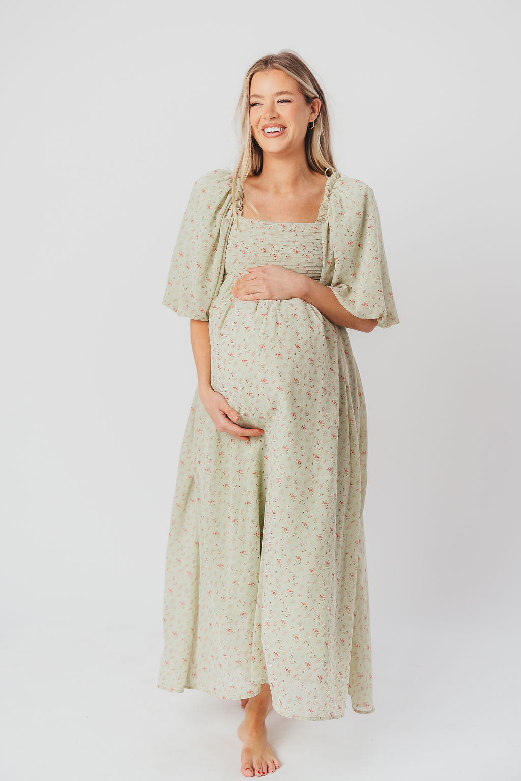 Melody geplooide maxi-jurk met strikdetail in mintgroen bloemen - schokbestendig en inclusief maten (S-3XL)
