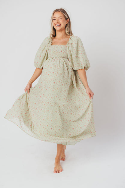 Melody geplooide maxi-jurk met strikdetail in mintgroen bloemen - schokbestendig en inclusief maten (S-3XL)