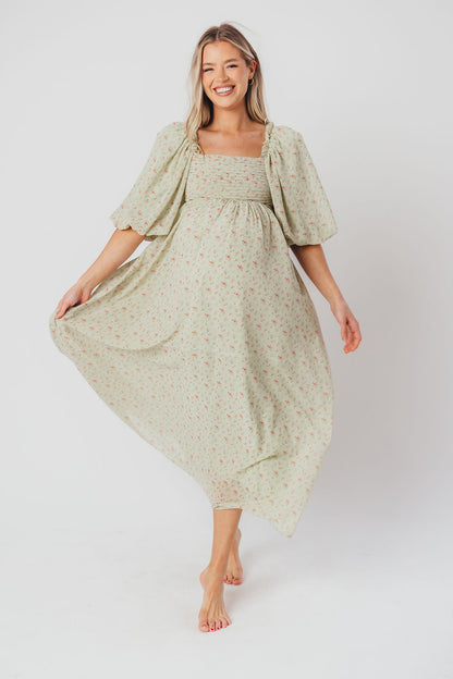 Melody geplooide maxi-jurk met strikdetail in mintgroen bloemen - schokbestendig en inclusief maten (S-3XL)