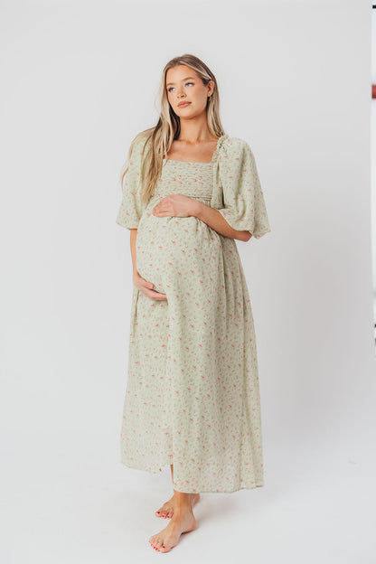Melody geplooide maxi-jurk met strikdetail in mintgroen bloemen - schokbestendig en inclusief maten (S-3XL)