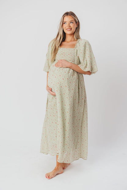 Melody geplooide maxi-jurk met strikdetail in mintgroen bloemen - schokbestendig en inclusief maten (S-3XL)