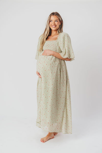 Melody geplooide maxi-jurk met strikdetail in mintgroen bloemen - schokbestendig en inclusief maten (S-3XL)
