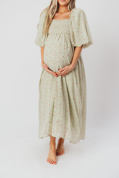 Melody geplooide maxi-jurk met strikdetail in mintgroen bloemen - schokbestendig en inclusief maten (S-3XL)