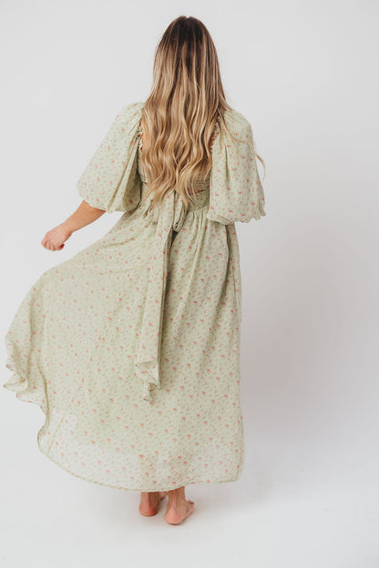 Melody geplooide maxi-jurk met strikdetail in mintgroen bloemen - schokbestendig en inclusief maten (S-3XL)