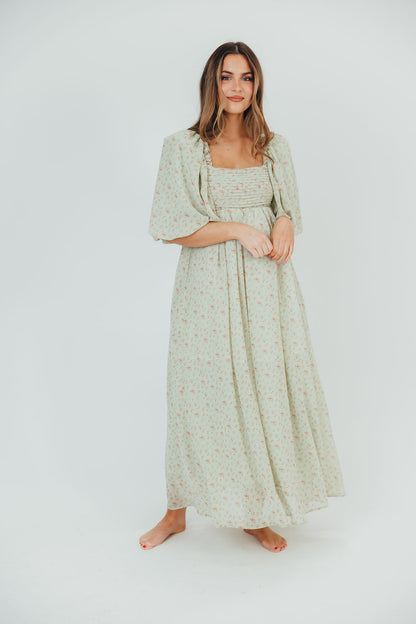 Melody geplooide maxi-jurk met strikdetail in mintgroen bloemen - schokbestendig en inclusief maten (S-3XL)