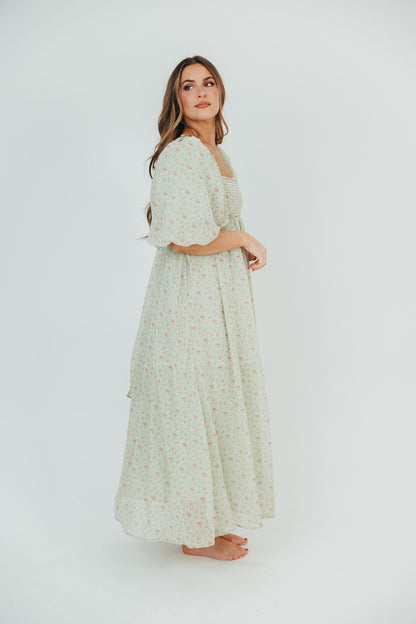 Melody geplooide maxi-jurk met strikdetail in mintgroen bloemen - schokbestendig en inclusief maten (S-3XL)