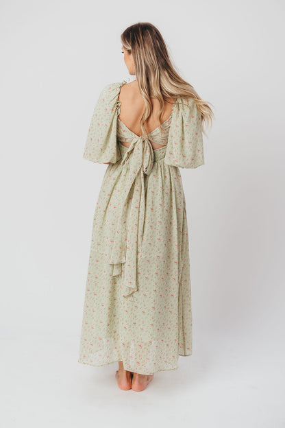Melody geplooide maxi-jurk met strikdetail in mintgroen bloemen - schokbestendig en inclusief maten (S-3XL)