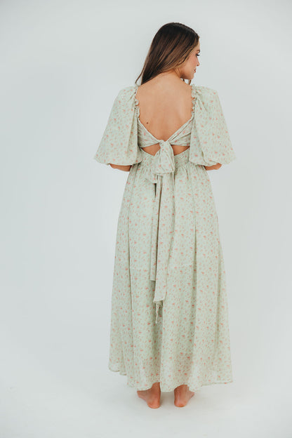 Melody geplooide maxi-jurk met strikdetail in mintgroen bloemen - schokbestendig en inclusief maten (S-3XL)