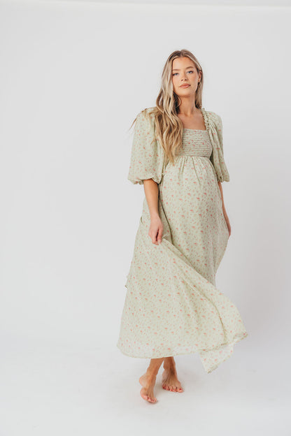 Melody geplooide maxi-jurk met strikdetail in mintgroen bloemen - schokbestendig en inclusief maten (S-3XL)