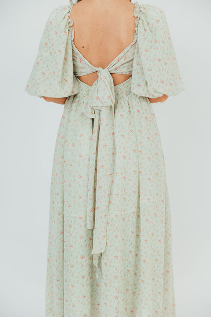 Melody geplooide maxi-jurk met strikdetail in mintgroen bloemen - schokbestendig en inclusief maten (S-3XL)