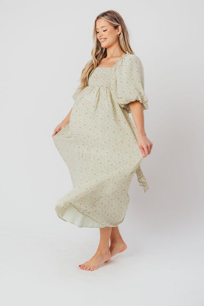 Melody geplooide maxi-jurk met strikdetail in mintgroen bloemen - schokbestendig en inclusief maten (S-3XL)