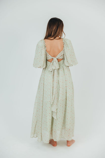 Melody geplooide maxi-jurk met strikdetail in mintgroen bloemen - schokbestendig en inclusief maten (S-3XL)