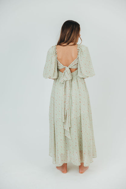 Melody geplooide maxi-jurk met strikdetail in mintgroen bloemen - schokbestendig en inclusief maten (S-3XL)