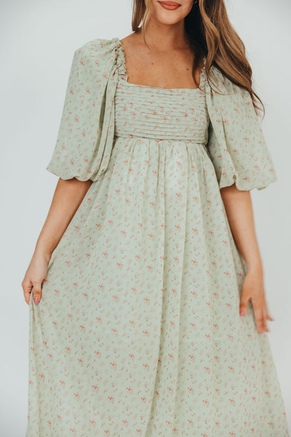 Melody geplooide maxi-jurk met strikdetail in mintgroen bloemen - schokbestendig en inclusief maten (S-3XL)