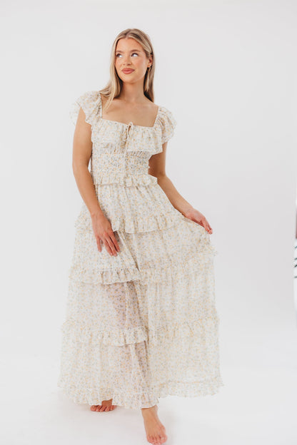 Astrid Maxi-jurk met ruches in gele bloemenprint - Buikvriendelijk (weinig voorraad)