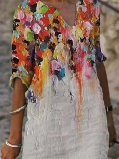 Frida - Katoenen linnen damesjurk met halslijn en olieverfprint