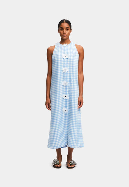 Miriam - bloomer linnen maxi vest jurk in Vichy blauw