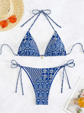 Stella - blauw bedrukte bikini met v-hals