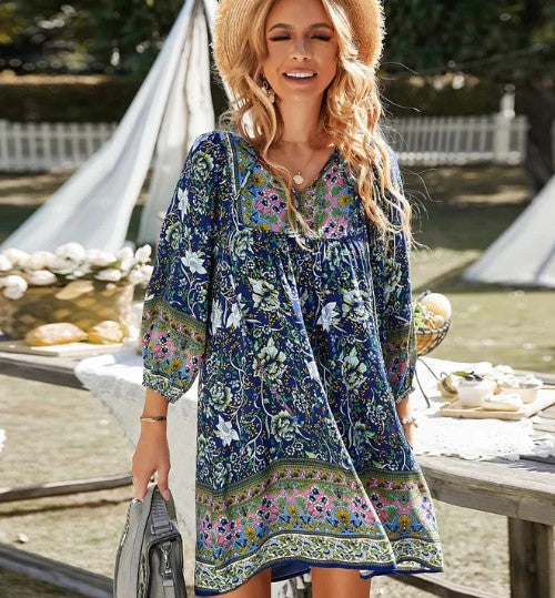 Sophia - boho-jurk met korte mouwen en v-hals met bloemenprint