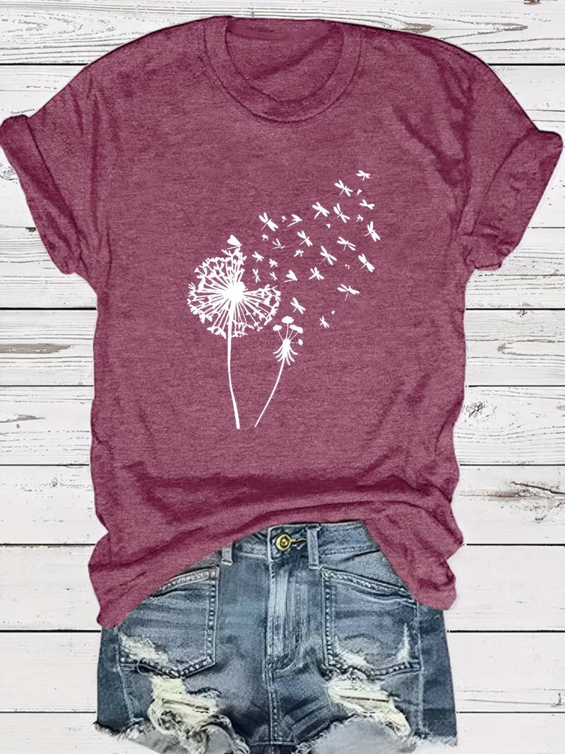 Zoe – t-shirt met paardenbloemprint en ronde hals