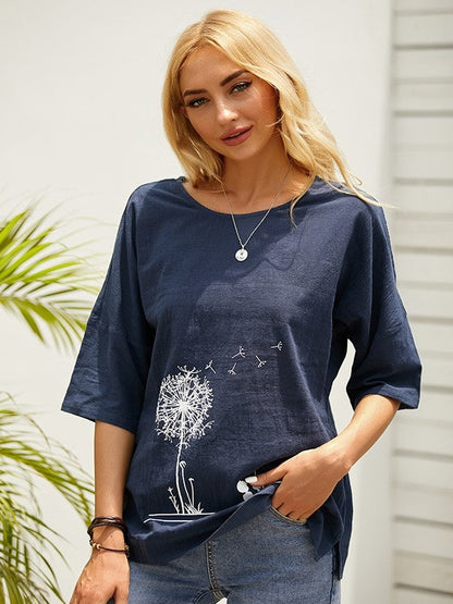 Alba - Groen O-hals T-shirt met bloemenprint en casual halve mouwen