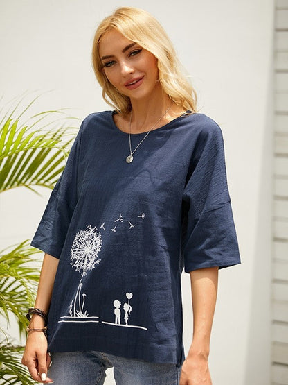 Alba - Groen O-hals T-shirt met bloemenprint en casual halve mouwen