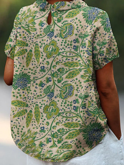 Noemi - Casual katoenen en linnen overhemd met artistieke bloemenprint voor dames