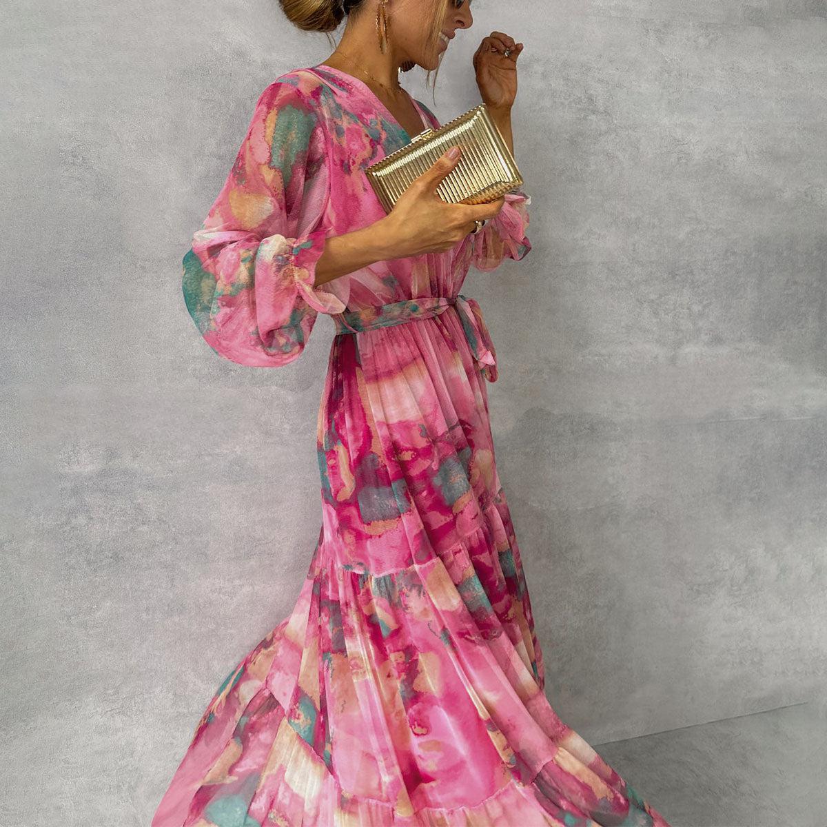 Tania - Lieflijke roze maxi jurk met lange mouwen