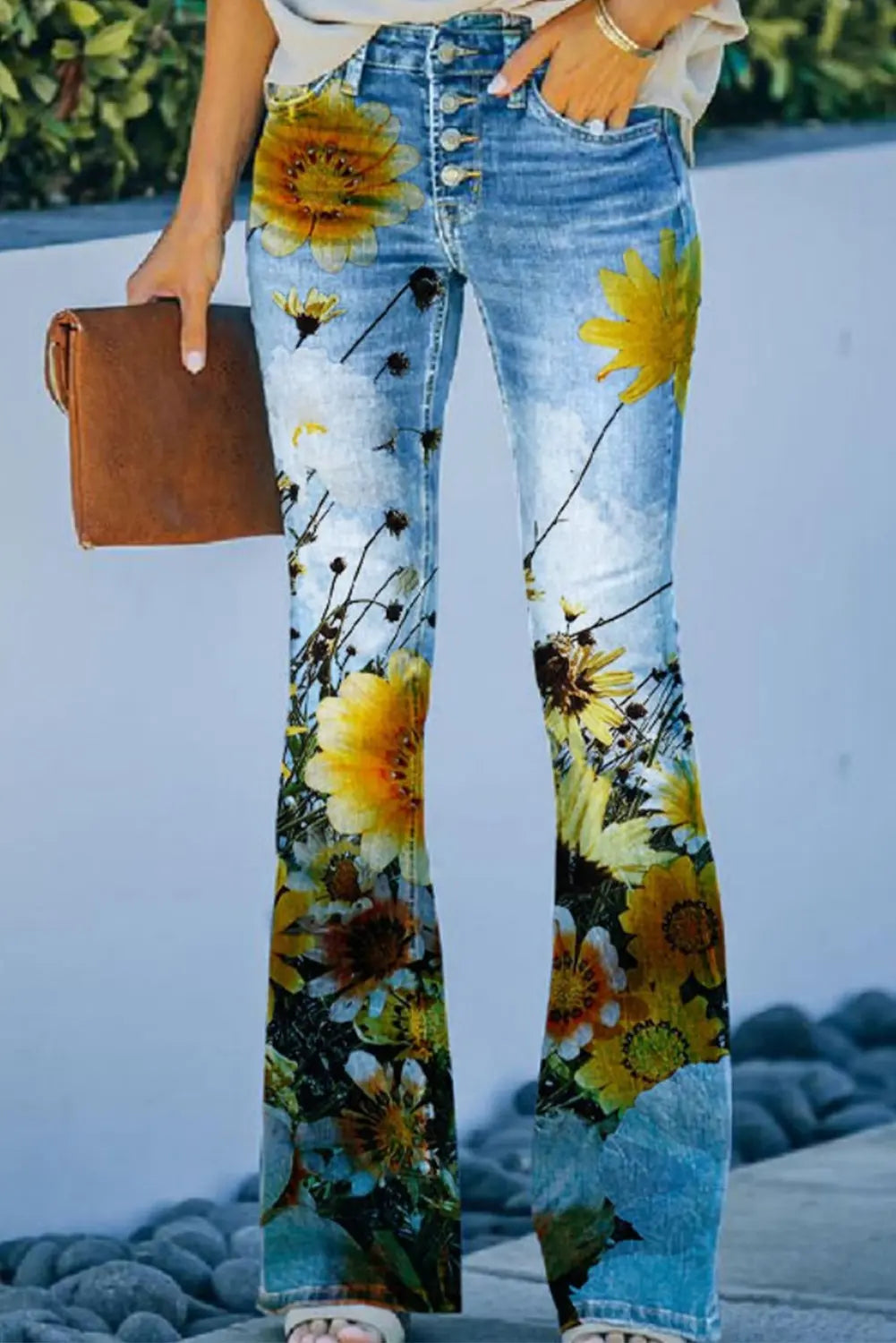 Zonnebloem gebloemde rechte relaxed flare broek