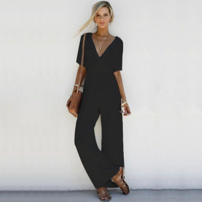 Emma - Effen casual jumpsuit met rechte V-hals