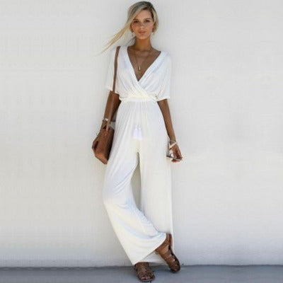 Emma - Effen casual jumpsuit met rechte V-hals