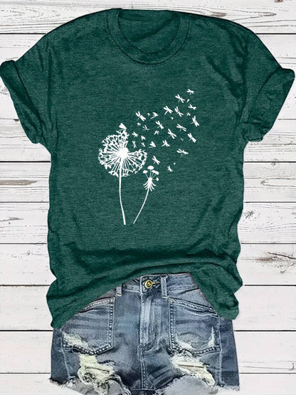 Zoe – t-shirt met paardenbloemprint en ronde hals