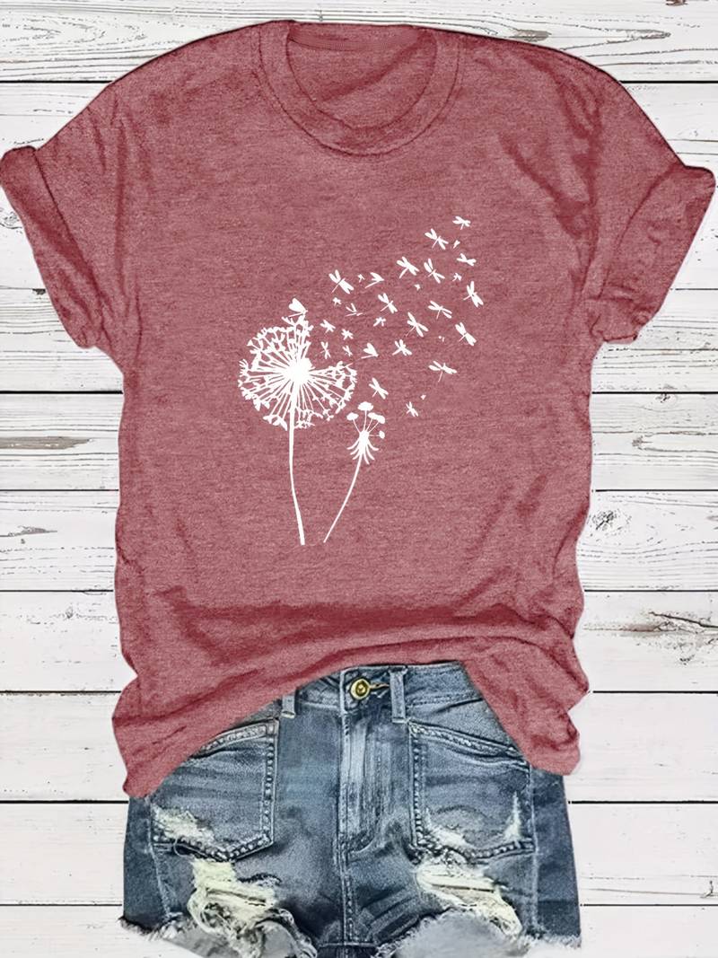 Zoe – t-shirt met paardenbloemprint en ronde hals