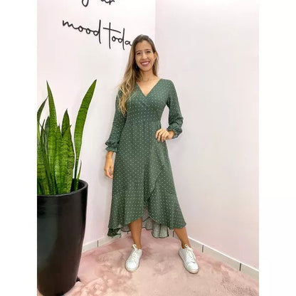 Groene midi umschlag-jurk met poa-mouwen