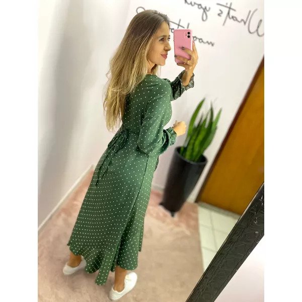 Groene midi umschlag-jurk met poa-mouwen