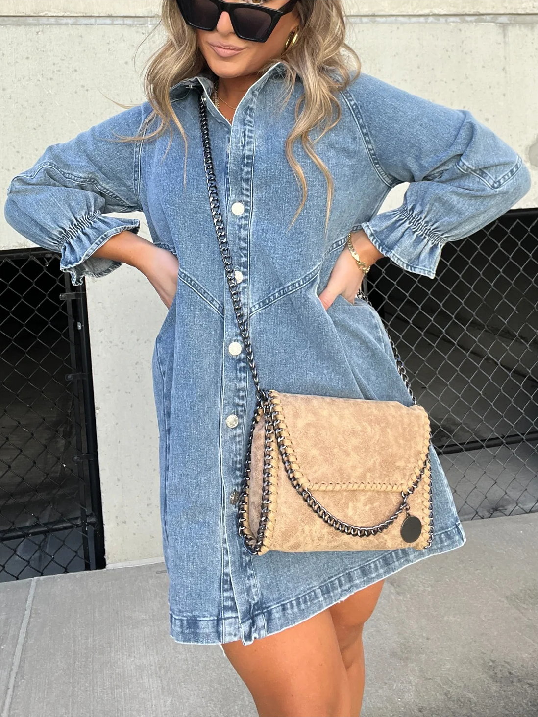 Sunsecrets™ | Washed denim jurk met pofmouwen