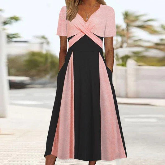 Roze en zwarte V-hals Midi Dress