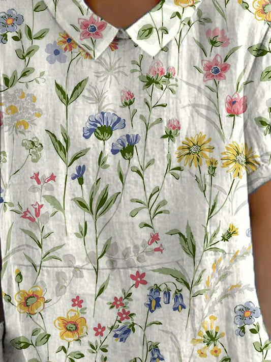 Camila - Dames casual katoenen linnen overhemd met retro bloemenprint