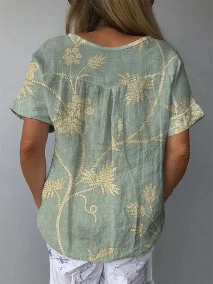 Casual damesshirt met retro bloemmotief gemaakt van katoen en linnen